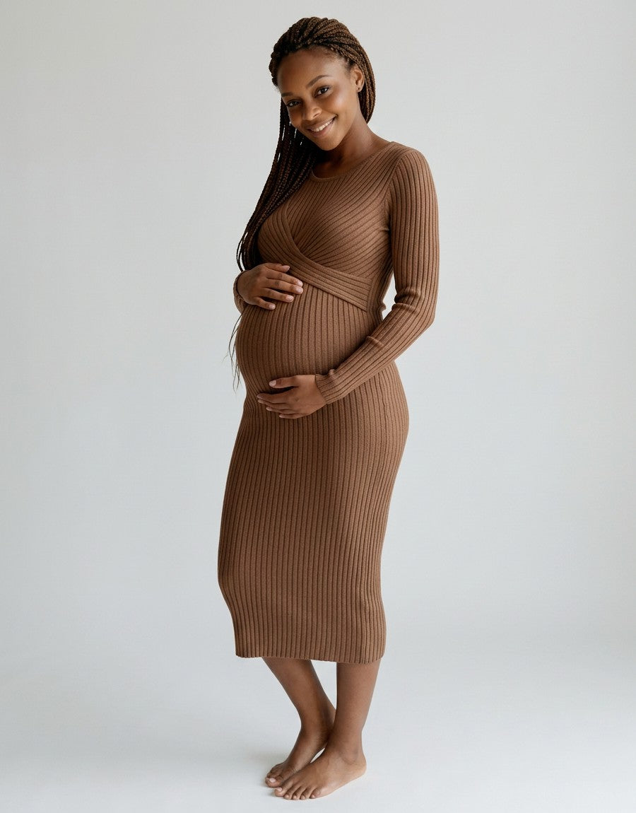 Women's Soft Cotton Maternity Midi Dress | Comfortable Long Sleeve Nursing Dress 7