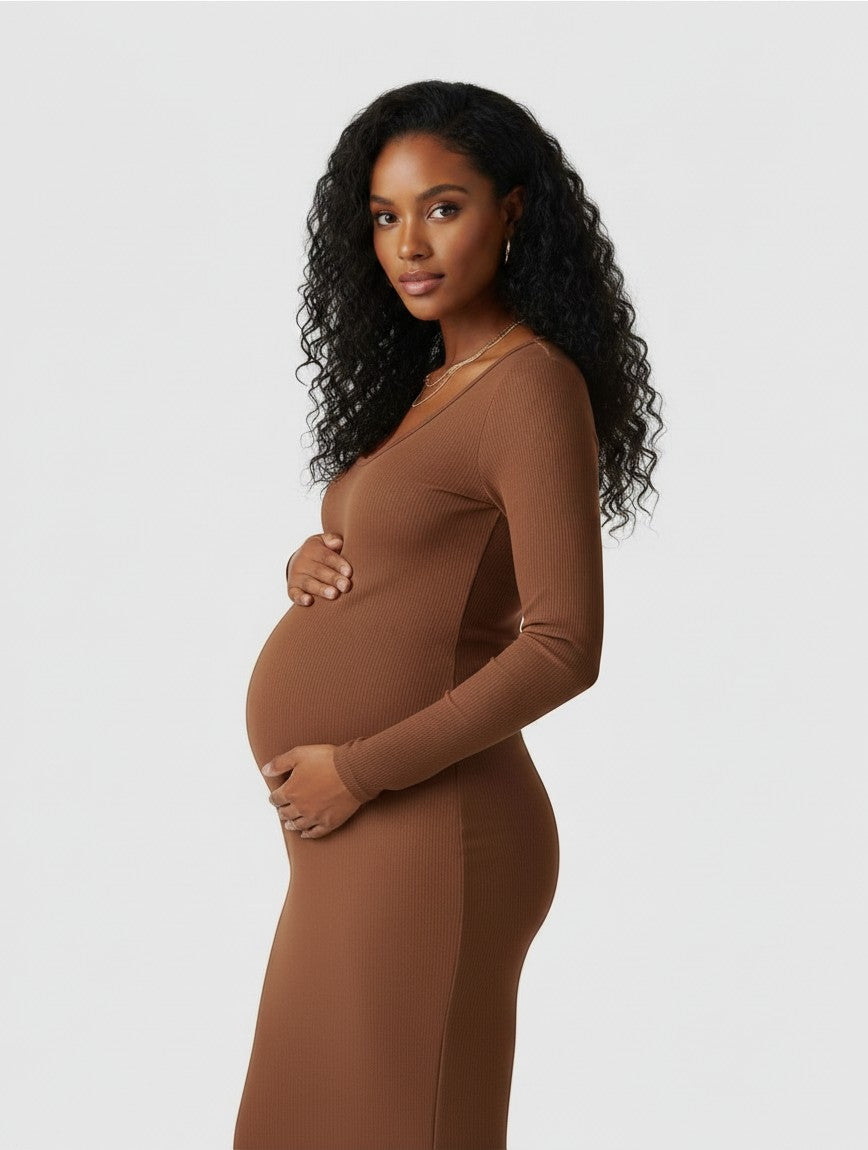 Women's Soft Ribbed Knit Maternity Midi Dress | Comfortable Long-Sleeve Everyday Wear 6