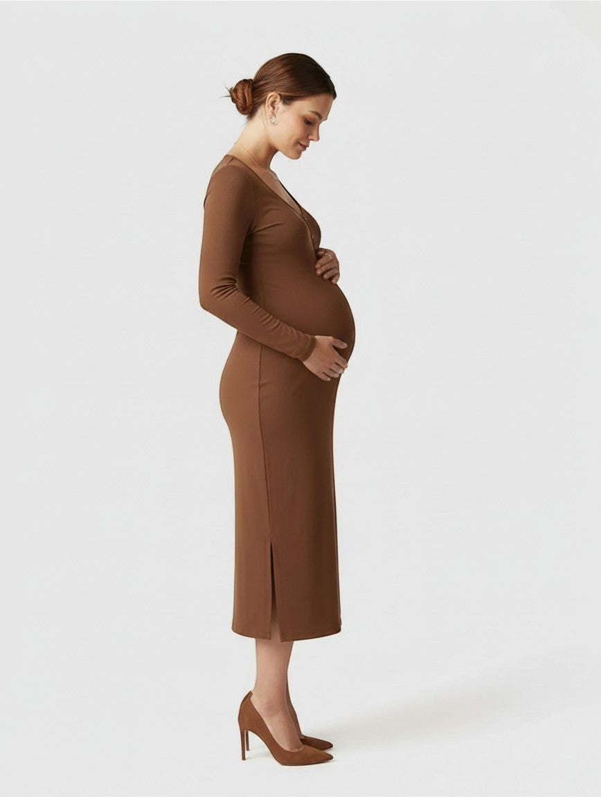 Women's Soft Ribbed Knit Maternity Midi Dress | Comfortable Long-Sleeve Everyday Wear 3