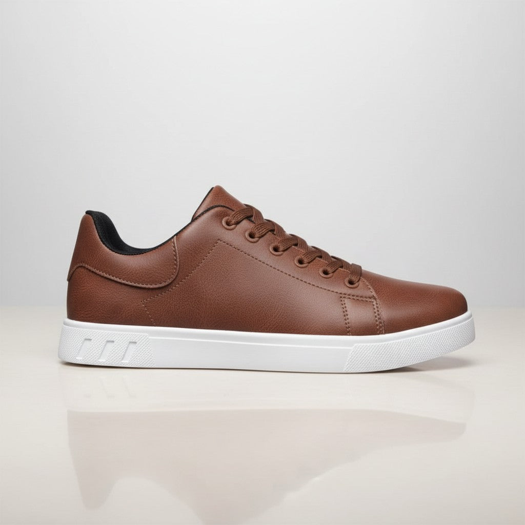 Silvorne men's brown faux leather low-top sneakers with white soles and black trim.