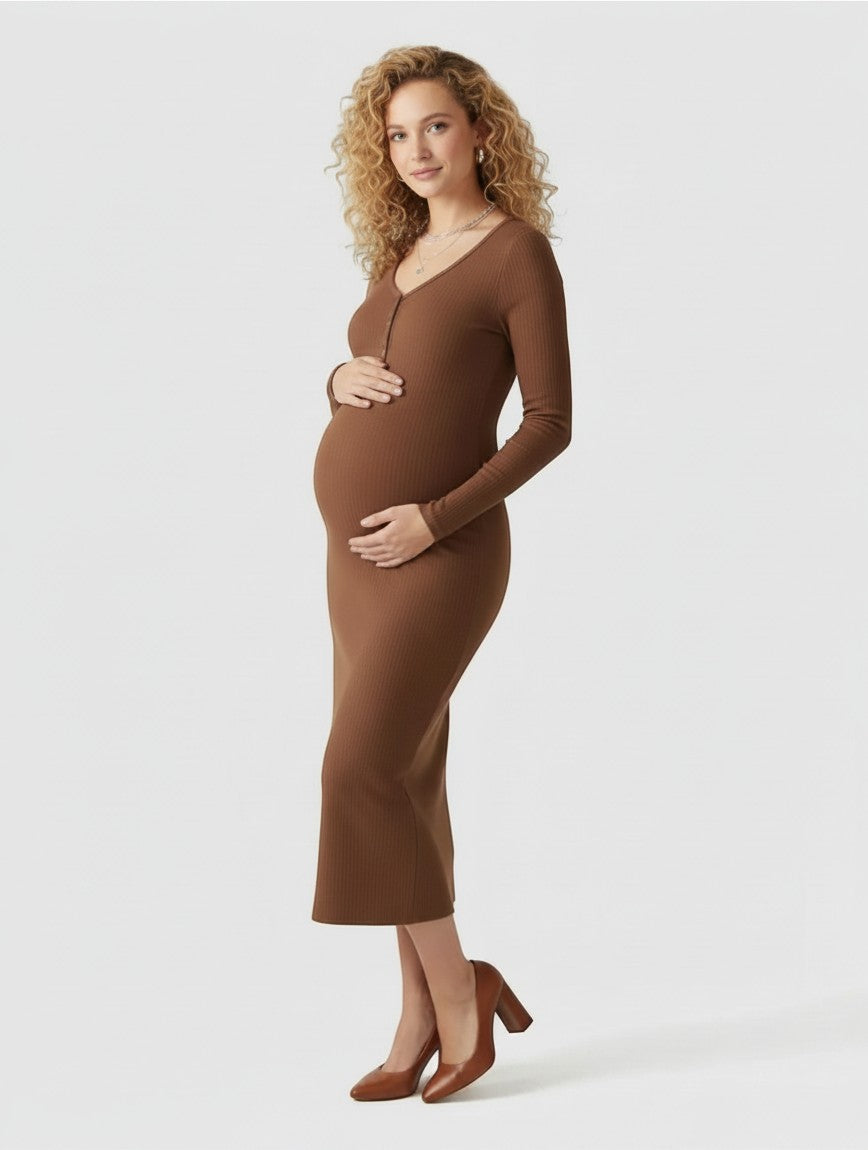 Women's Soft Ribbed Knit Maternity Midi Dress | Comfortable Long-Sleeve Everyday Wear 4