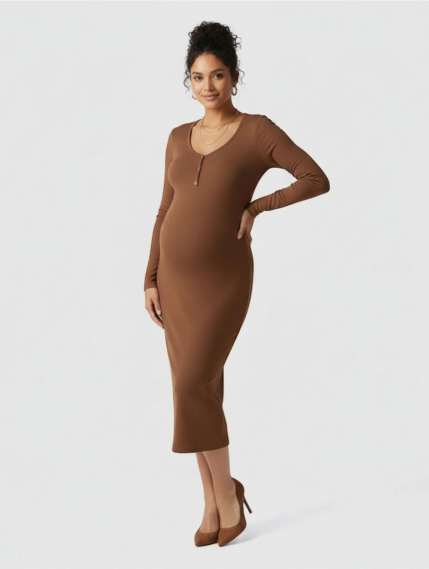 Women's Soft Ribbed Knit Maternity Midi Dress | Comfortable Long-Sleeve Everyday Wear 5