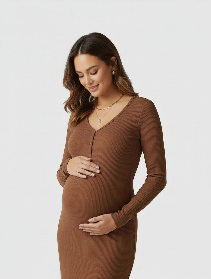 Women's Soft Ribbed Knit Maternity Midi Dress | Comfortable Long-Sleeve Everyday Wear 1