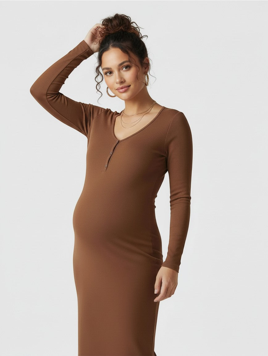 Women's Soft Ribbed Knit Maternity Midi Dress | Comfortable Long-Sleeve Everyday Wear 7