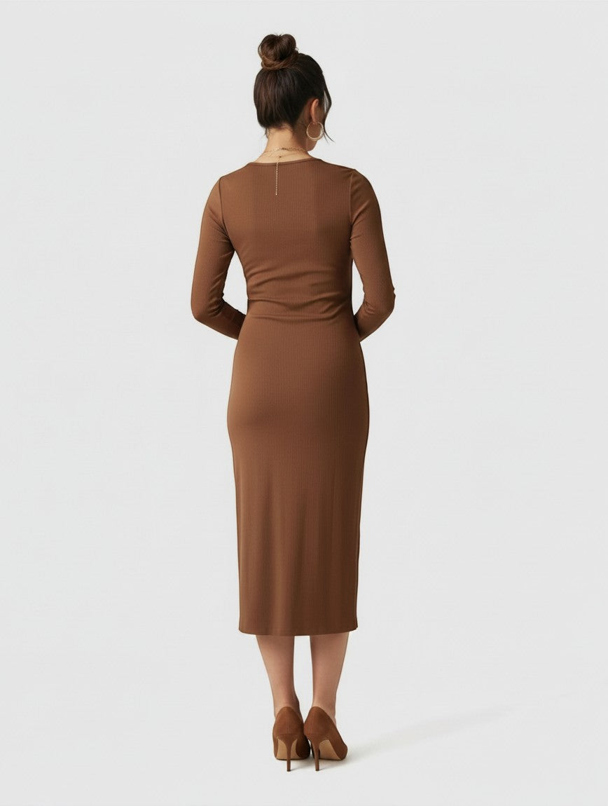 Women's Soft Ribbed Knit Maternity Midi Dress | Comfortable Long-Sleeve Everyday Wear 2