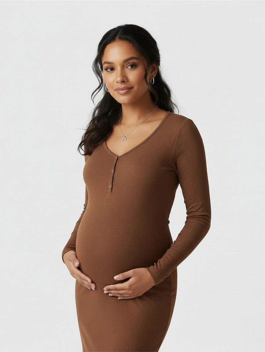Women's Soft Ribbed Knit Maternity Midi Dress | Comfortable Long-Sleeve Everyday Wear 8