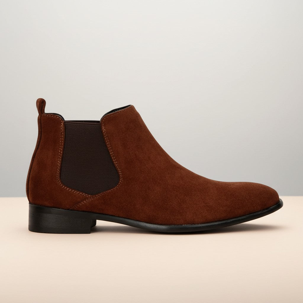 Silvorne men's brown suede square-toe Chelsea boots with elastic side panels and a discreet heel.