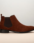 Silvorne men's brown suede square-toe Chelsea boots with elastic side panels and a discreet heel.