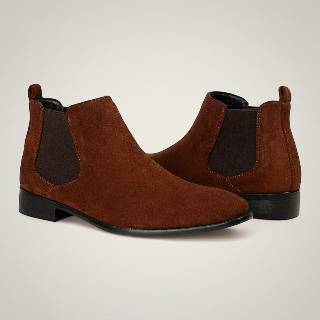 Silvorne men's brown suede square-toe Chelsea boots with elastic side panels and a discreet heel.