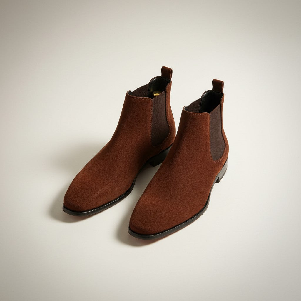 Silvorne men's brown suede square-toe Chelsea boots with elastic side panels and a discreet heel.