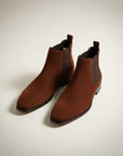 Silvorne men's brown suede square-toe Chelsea boots with elastic side panels and a discreet heel.