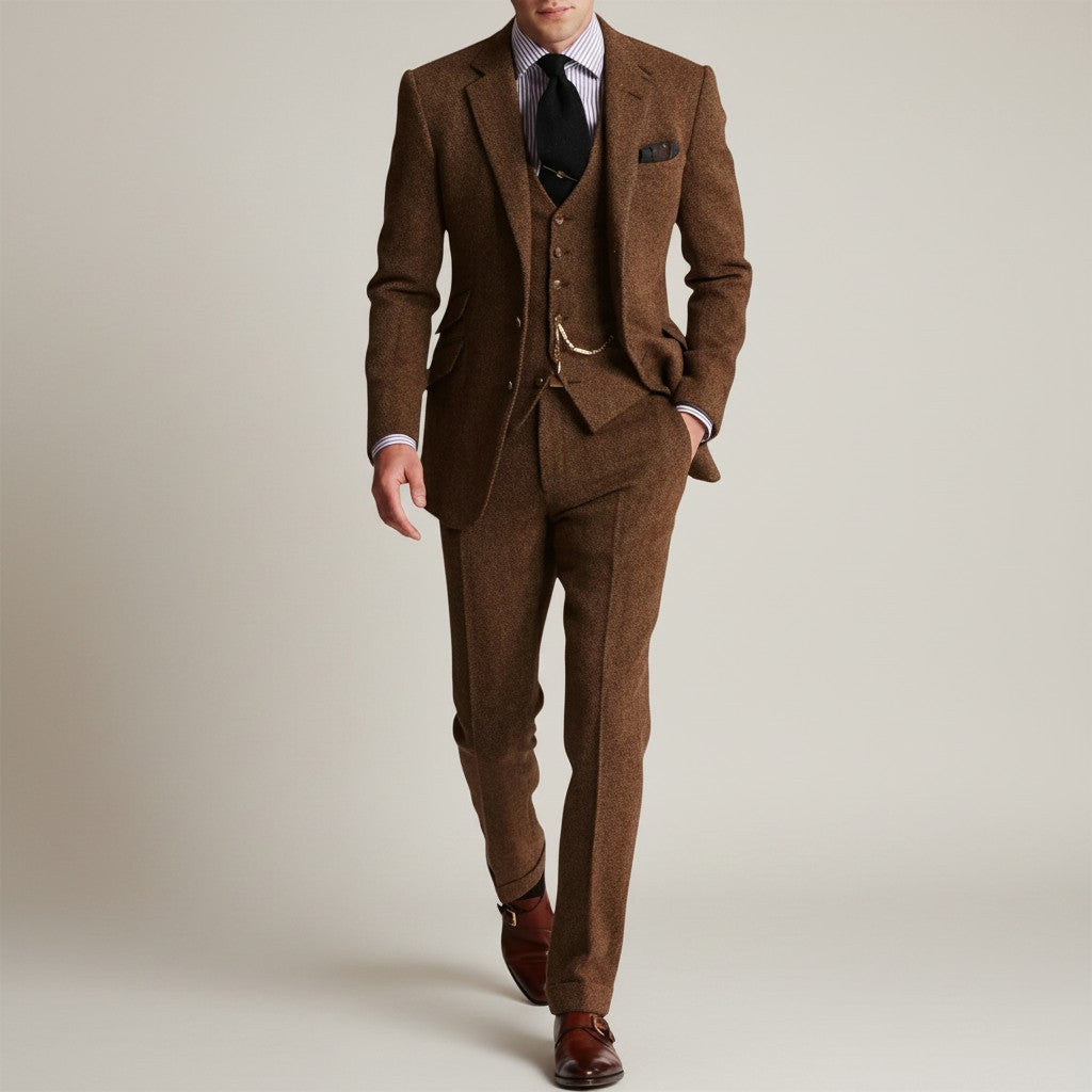 Silvorne Men's classic brown tweed three-piece suit with waistcoat, jacket, and trousers. Tailored fit.