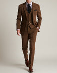 Silvorne Men's classic brown tweed three-piece suit with waistcoat, jacket, and trousers. Tailored fit.