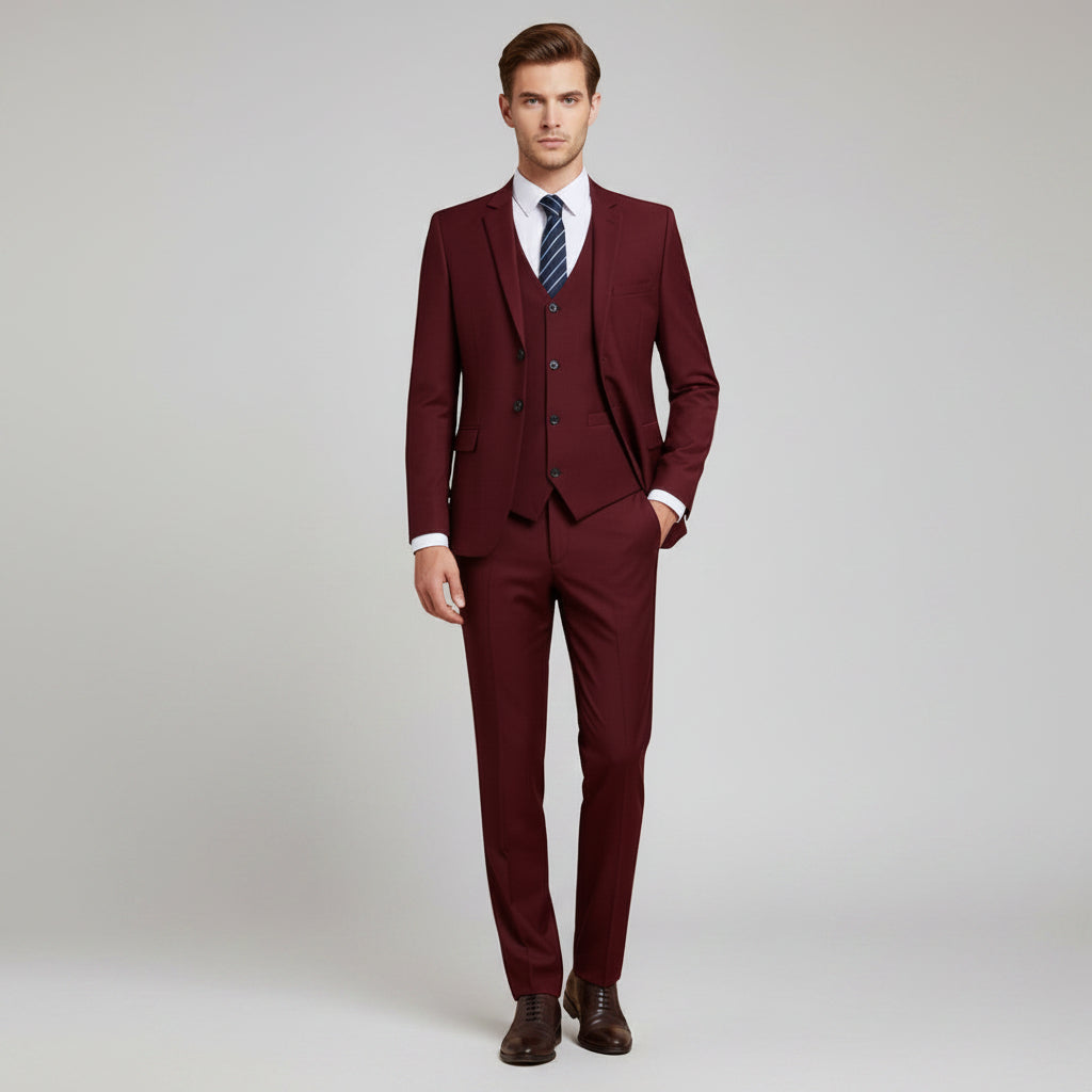 Silvorne men's burgundy 3-piece suit with notch lapel blazer, waistcoat, and trousers. Classic fit for formal occasions.