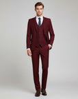 Silvorne men's burgundy 3-piece suit with notch lapel blazer, waistcoat, and trousers. Classic fit for formal occasions.