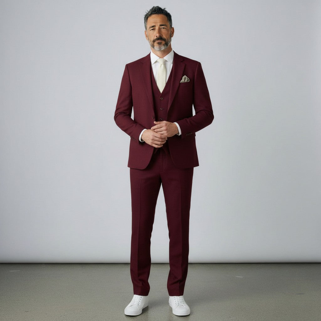 Silvorne men's burgundy three-piece suit with a single-breasted one-button jacket, waistcoat, and tailored trousers. Features peak lapels and a cream tie.