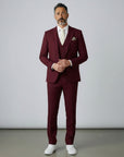 Silvorne men's burgundy three-piece suit with a single-breasted one-button jacket, waistcoat, and tailored trousers. Features peak lapels and a cream tie.