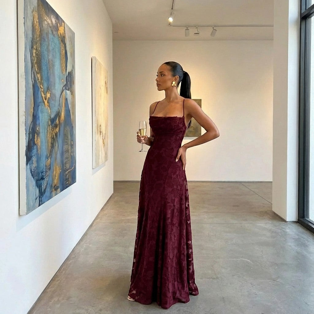 Elegant Backless Jacquard Maxi Dress with Flattering Cowl Neckline | Long Dress for Sophisticated Style 6