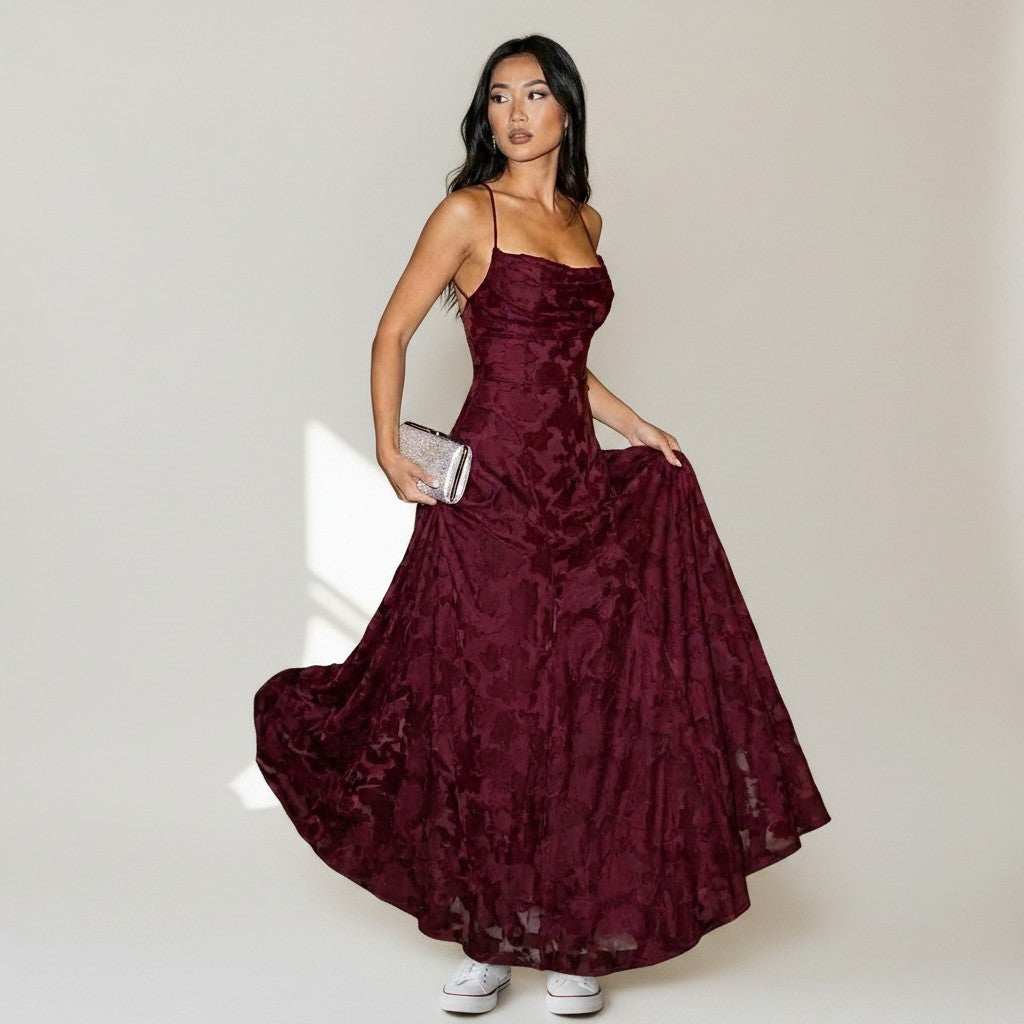 forever be burgundy floral jacquard ruffled maxi dress Burgundy Maxi Dress - Floral Jacquard Dress - Ruffled Maxi Dress
