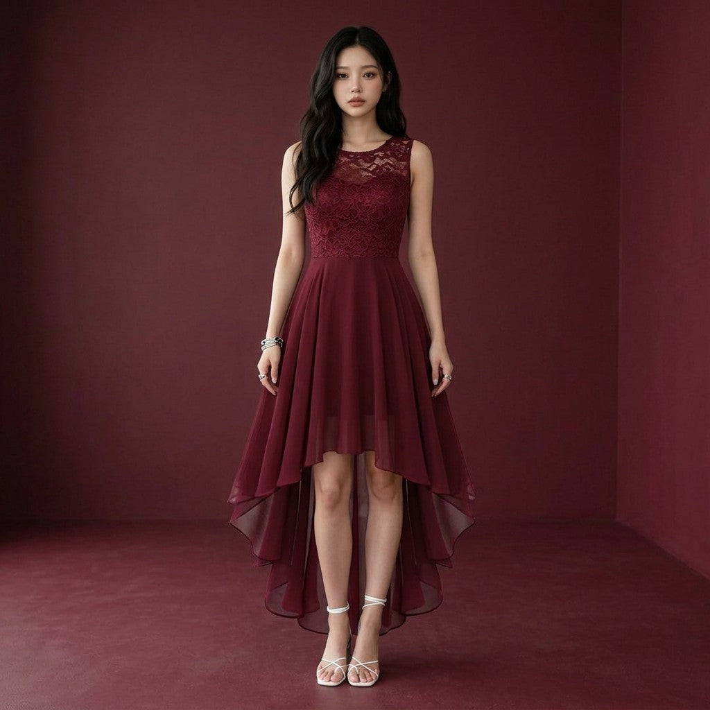 Women's Chiffon Lace High Low Cocktail Dress | Elegant Sleeveless Evening Gown 2