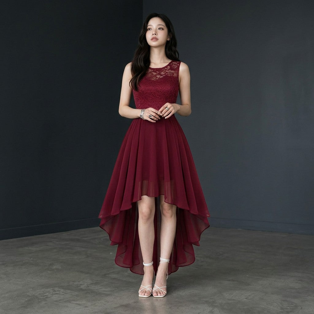 Women's Chiffon Lace High Low Cocktail Dress | Elegant Sleeveless Evening Gown 3