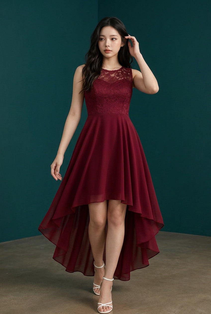 Women's Chiffon Lace High Low Cocktail Dress | Elegant Sleeveless Evening Gown 1