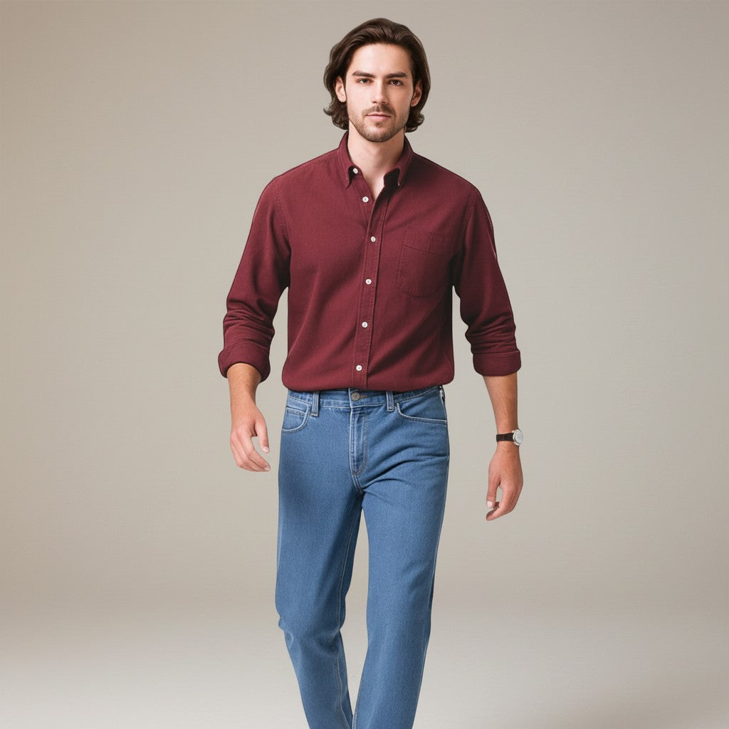 Silvorne men's slim-fit burgundy long-sleeve button-up shirt with turn-down collar and chest pocket, paired with blue jeans.