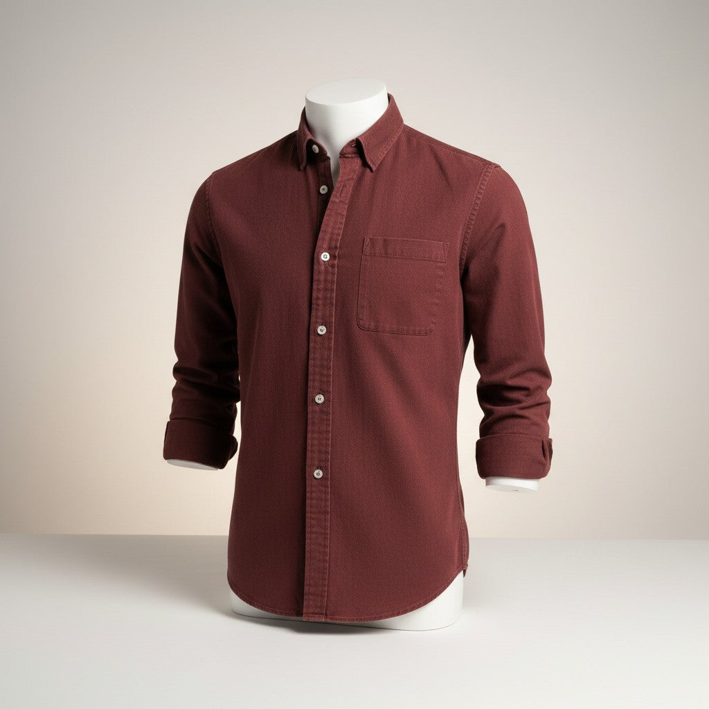 Silvorne men's slim-fit solid burgundy long-sleeve button-up shirt with turn-down collar and chest pocket.