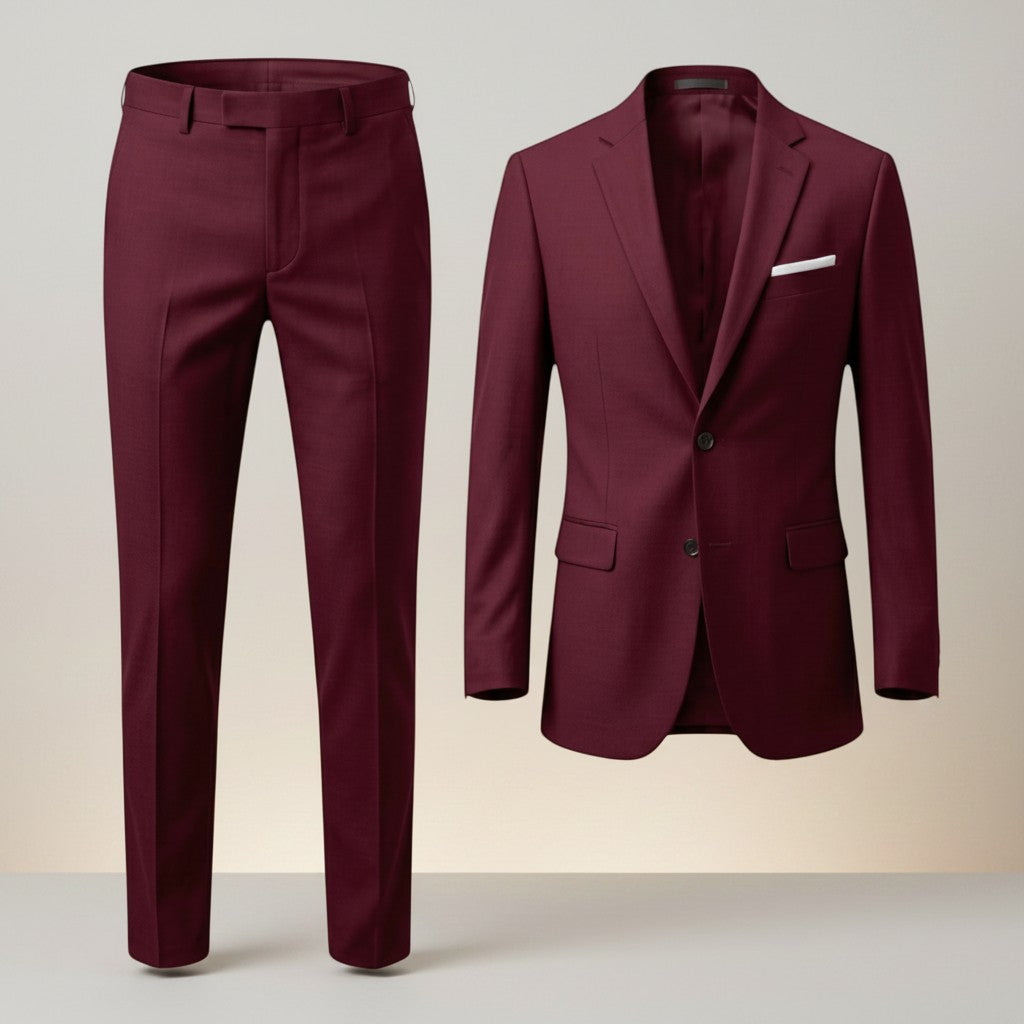 Silvorne men's burgundy two piece suit set with tailored jacket and straight-leg trousers. Features lapel collar, button closure, and woven fabric.
