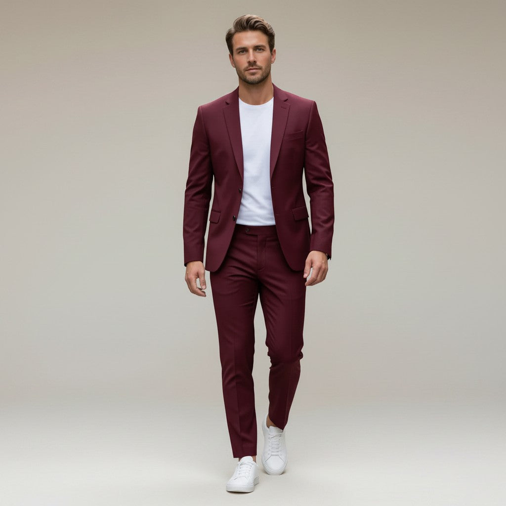 Silvorne men's tailored burgundy two piece suit set with white t-shirt and sneakers.