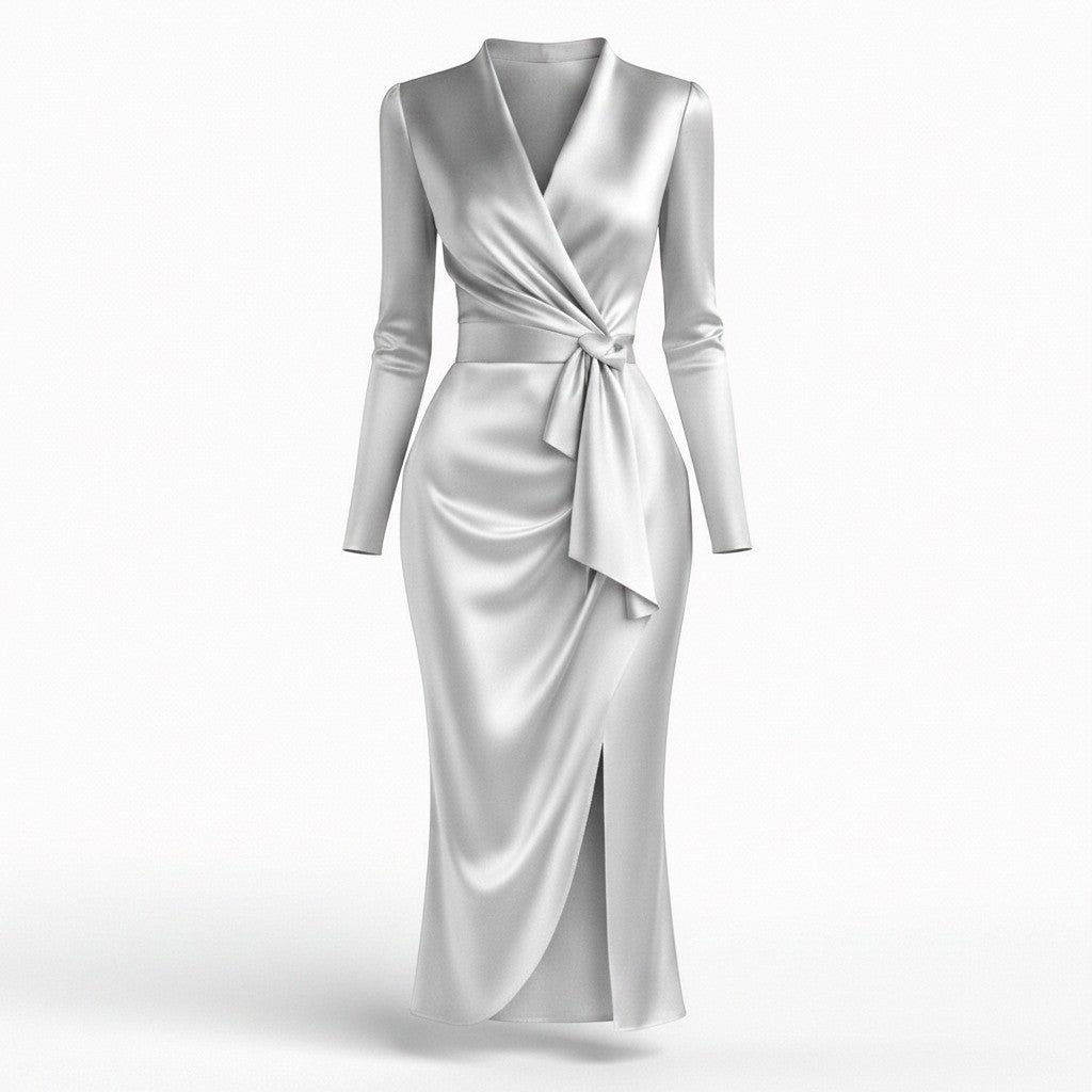 Women's Luxurious Satin Midi Dress | Elegant Wrap Style with V-Neckline 10