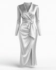 Women's Luxurious Satin Midi Dress | Elegant Wrap Style with V-Neckline 10