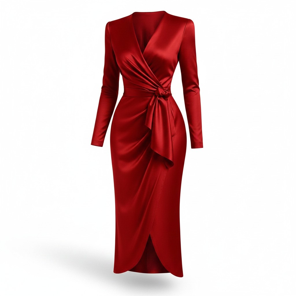 Women's Luxurious Satin Midi Dress | Elegant Wrap Style with V-Neckline 8