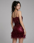 Women's Shimmering Sequin Mini Dress | Glamorous Feather Trim Party Dress 4