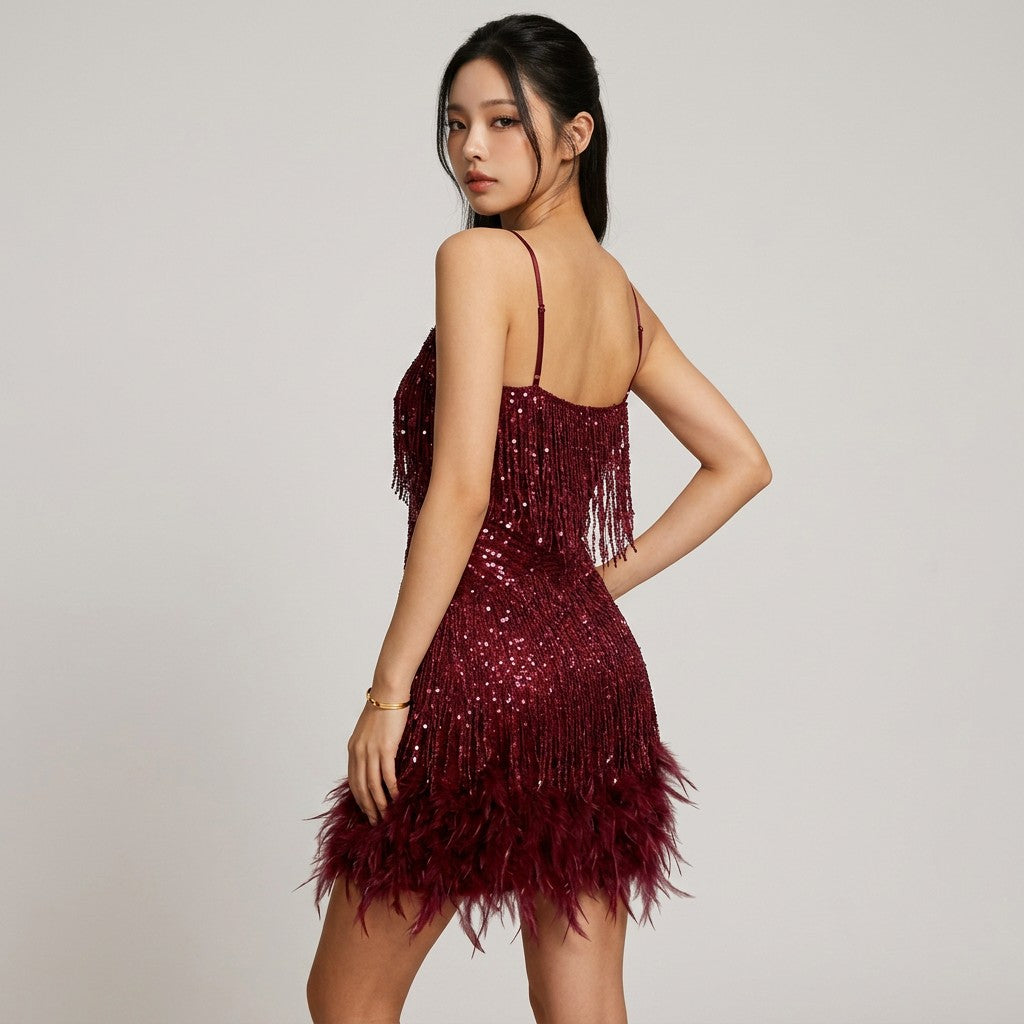 Women's Shimmering Sequin Mini Dress | Glamorous Feather Trim Party Dress 5