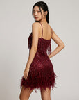 Women's Shimmering Sequin Mini Dress | Glamorous Feather Trim Party Dress 5