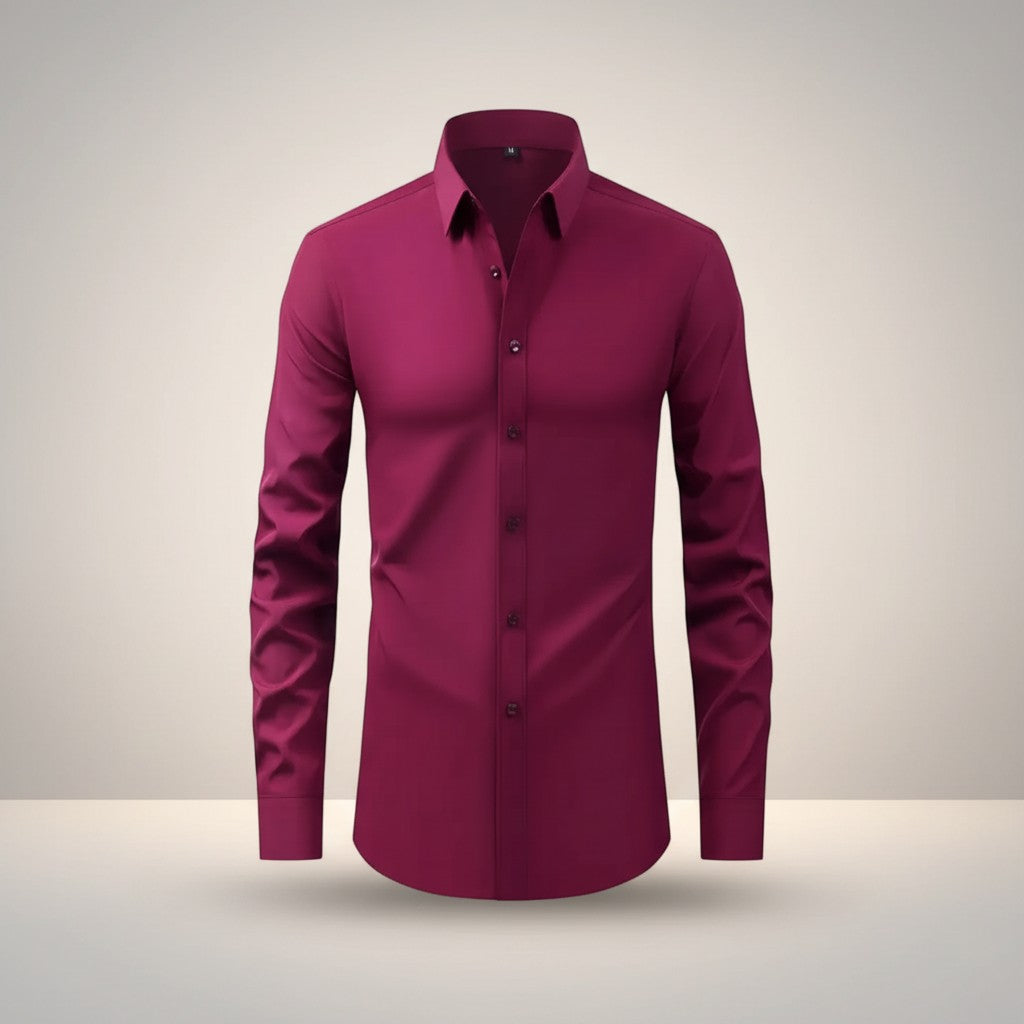 Silvorne Men's slim-fit long-sleeve burgundy dress shirt with stretch fabric and button-down closure.