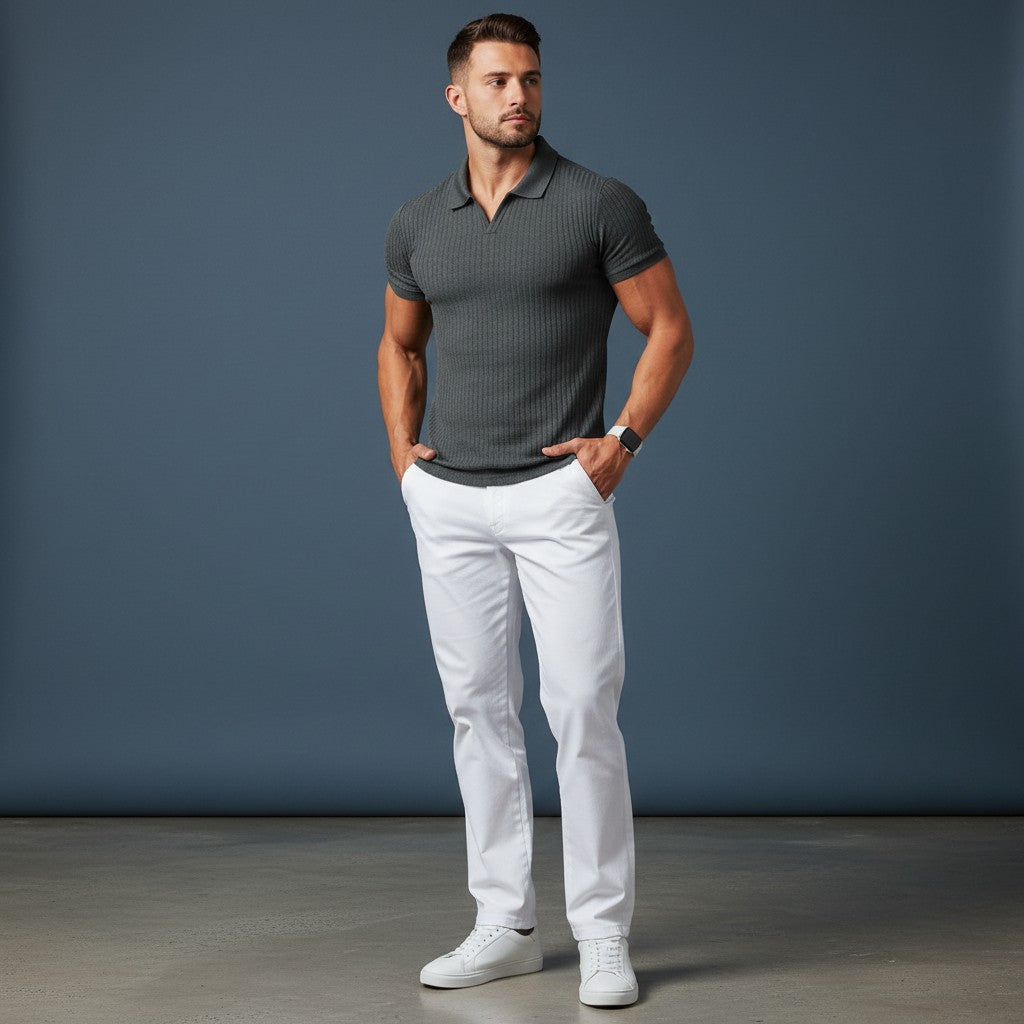 Silvorne camiseta de punto de manga corta para hombre, color gris oscuro, con cuello vuelto, ajuste entallado.