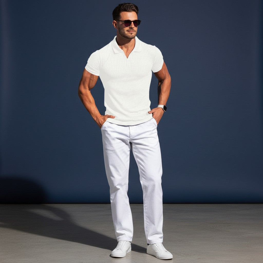 Silvorne camiseta de punto blanca de manga corta para hombre con cuello vuelto, ajuste entallado, ideal para verano.