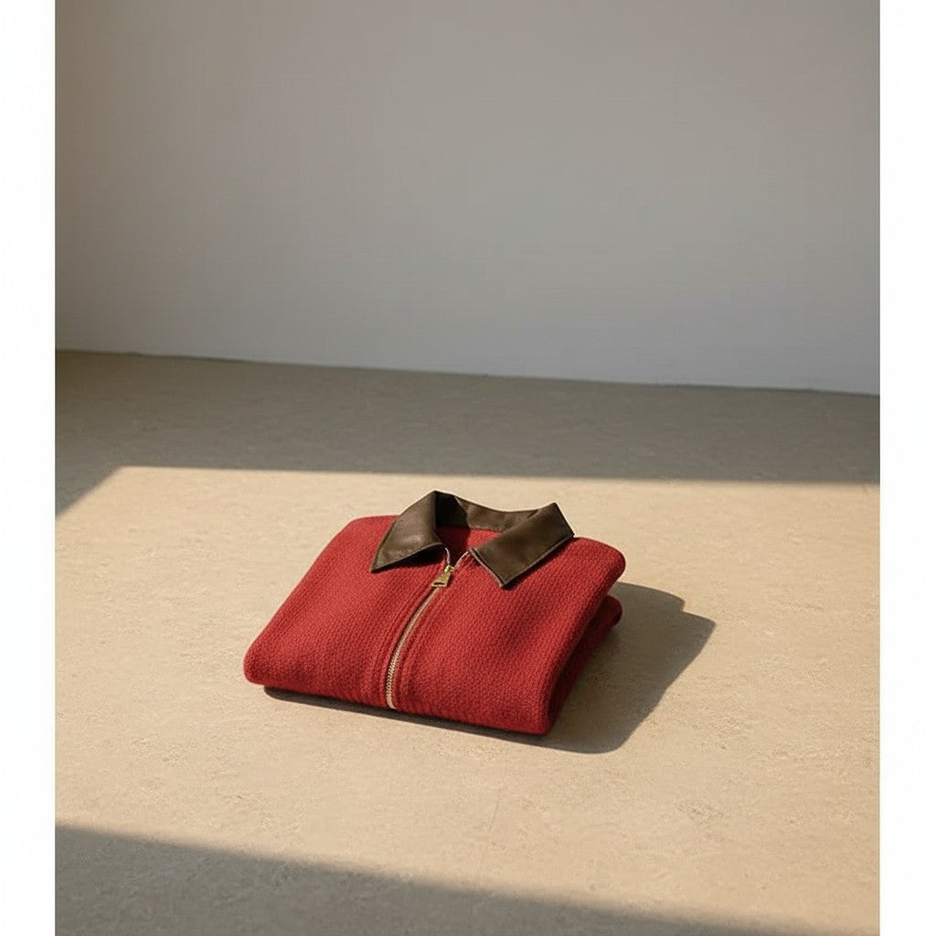 Silvorne cárdigan de punto grueso rojo con cremallera y cuello de cuero sintético, estilo cropped para otoño.
