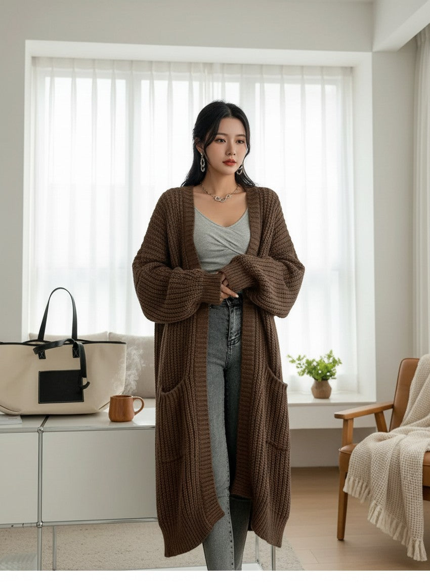 Silvorne mujer cárdigan largo de punto marrón con mangas largas y bolsillos, ideal para otoño e invierno.