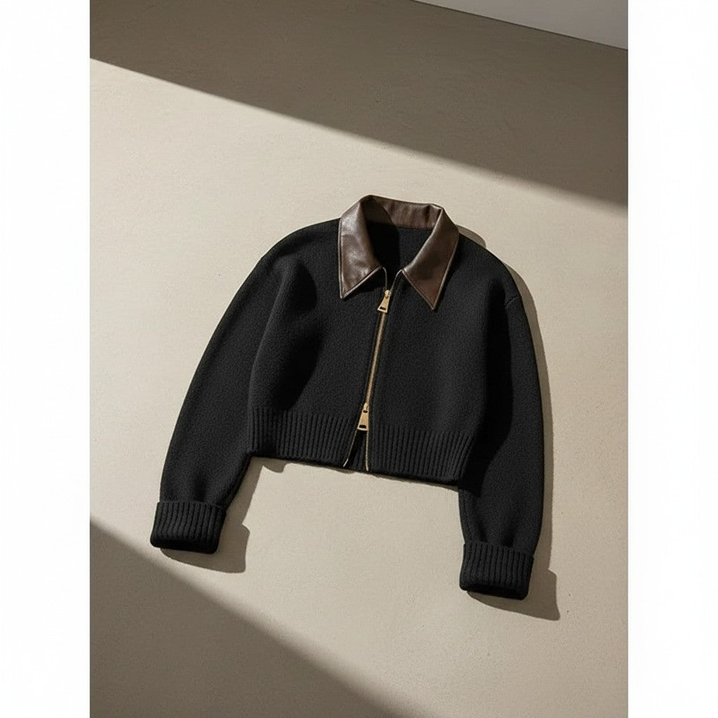 Silvorne cárdigan corto de punto grueso negro con cuello de cuero y cremallera frontal, ideal para otoño.
