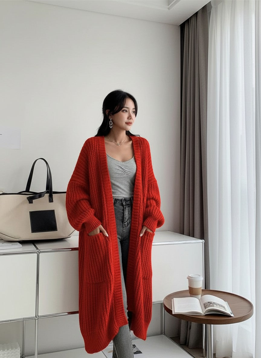 Silvorne rojo punto largo cárdigan de manga larga con bolsillos, ideal para otoño e invierno.
