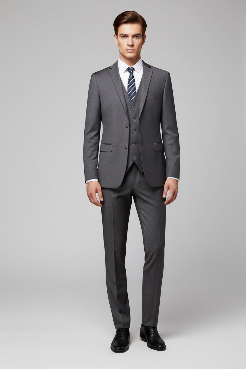 Silvorne men's charcoal grey 3-piece suit with notch lapel blazer, waistcoat, and trousers. Tailored fit for formal occasions.
