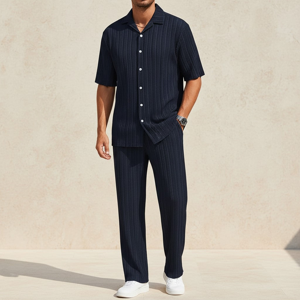 Silvorne conjunto de chándal de poliéster a rayas para hombre, color azul marino, manga corta, pantalón casual, primavera/verano
