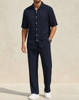 Silvorne conjunto de chándal de poliéster a rayas para hombre, color azul marino, manga corta, pantalón casual, primavera/verano