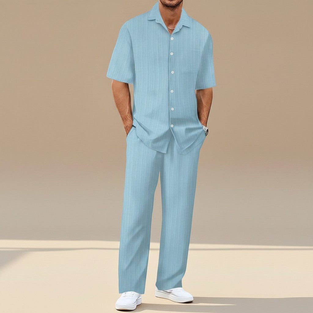 Silvorne conjunto de chándal de poliéster a rayas para hombre, color azul claro, manga corta y pantalones