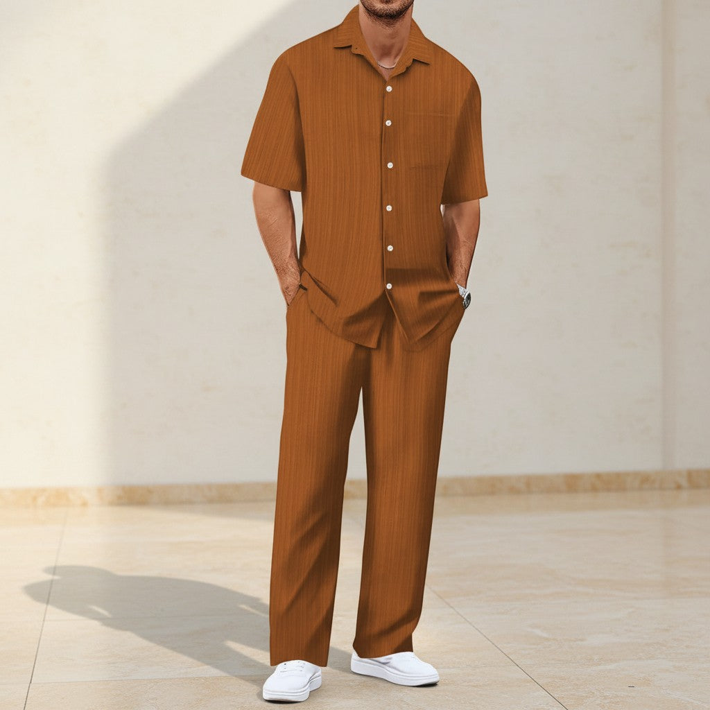 Silvorne conjunto de chándal de poliéster a rayas para hombre, color marrón, manga corta, pantalón casual.