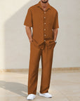 Silvorne conjunto de chándal de poliéster a rayas para hombre, color marrón, manga corta, pantalón casual.