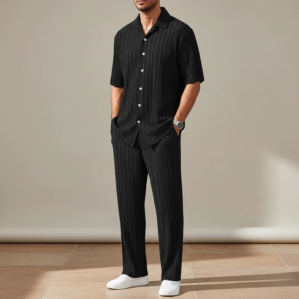 Silvorne conjunto de chándal de poliéster negro a rayas para hombre, manga corta, pantalones casuales